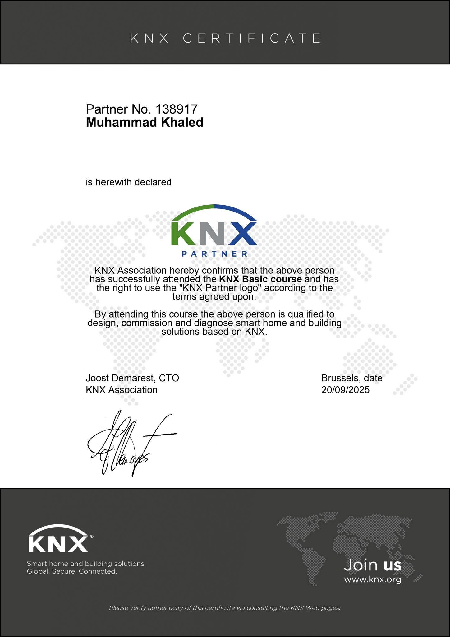 KNX Partner certificate for Muhammad Khaled, partner 138917